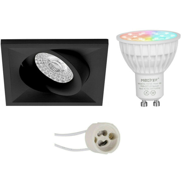 Mi-Light MiBoxer – LED Spot Set GU10 – Smart LED – Wifi LED – Slimme LED – 4W – RGB+CCT – Aanpasbare Kleur – Dimbaar – Pragmi Qiundo Pro – Inbouw Vierkant – Mat Zwart – Kantelbaar – 80mm Bestellen via ledinbouwverlichting