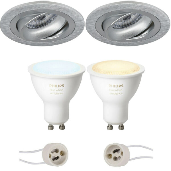 Pragmi Alpin Pro – Inbouw Rond – Mat Zilver – Kantelbaar Ø92mm – Philips Hue – LED Spot Set GU10 – White Ambiance – Bluetooth Bestellen via ledinbouwverlichting