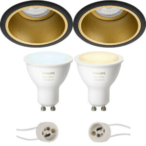 Pragmi Minko Pro – Inbouw Rond – Mat Zwart/Goud – Verdiept – Ø90mm – Philips Hue – LED Spot Set GU10 – White Ambiance – Bluetooth Bestellen via ledinbouwverlichting