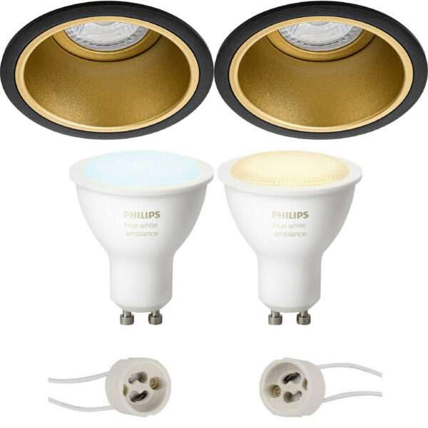 Pragmi Minko Pro – Inbouw Rond – Mat Zwart/Goud – Verdiept – Ø90mm – Philips Hue – LED Spot Set GU10 – White Ambiance – Bluetooth Bestellen via ledinbouwverlichting