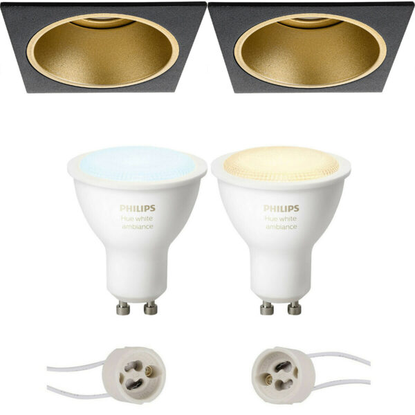 Pragmi Minko Pro – Inbouw Vierkant – Mat Zwart/Goud – Verdiept – 90mm – Philips Hue – LED Spot Set GU10 – White Ambiance – Bluetooth Bestellen via ledinbouwverlichting