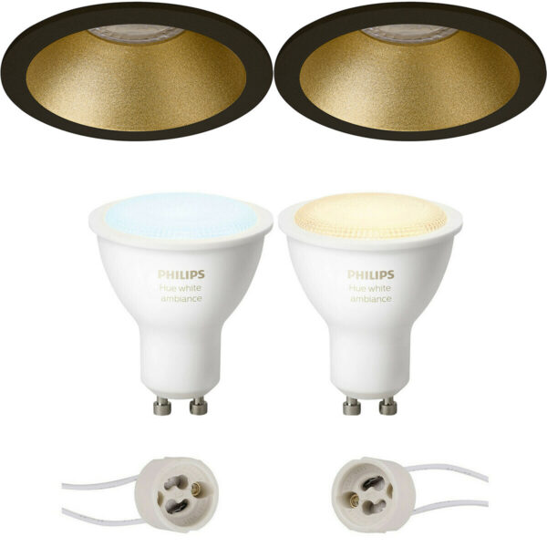 Pragmi Pollon Pro – Inbouw Rond – Mat Zwart/Goud – Verdiept – Ø82mm – Philips Hue – LED Spot Set GU10 – White Ambiance – Bluetooth Bestellen via ledinbouwverlichting
