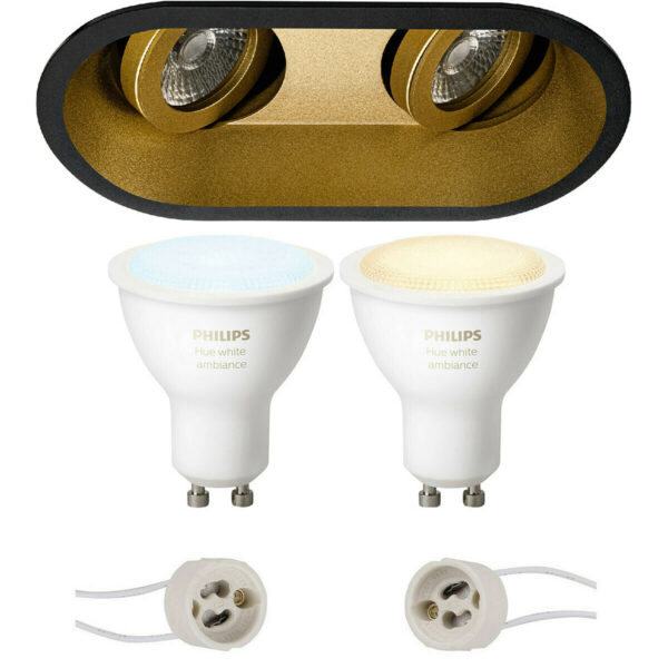 Pragmi Zano Pro – Inbouw Ovaal Dubbel – Mat Zwart/Goud – Kantelbaar – 185x93mm – Philips Hue – LED Spot Set GU10 – White Ambiance – Bluetooth Bestellen via ledinbouwverlichting