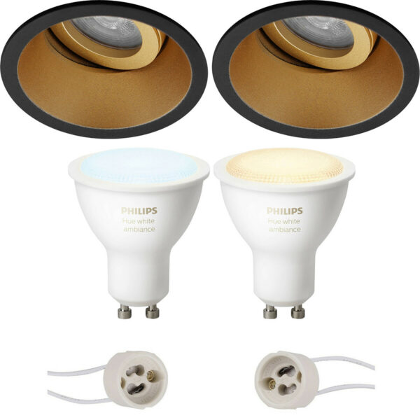 Pragmi Zano Pro – Inbouw Rond – Mat Zwart/Goud – Kantelbaar – Ø93mm – Philips Hue – LED Spot Set GU10 – White Ambiance – Bluetooth Bestellen via ledinbouwverlichting