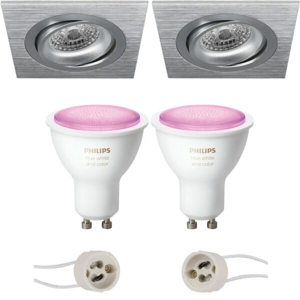 Pragmi Borny Pro – Inbouw Vierkant – Mat Zilver – Kantelbaar – 92mm – Philips Hue – LED Spot Set GU10 – White and Color Ambiance – Bluetooth Bestellen via ledinbouwverlichting