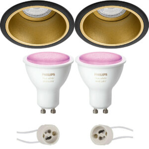 Pragmi Minko Pro – Inbouw Rond – Mat Zwart/Goud – Verdiept – Ø90mm – Philips Hue – LED Spot Set GU10 – White and Color Ambiance – Bluetooth Bestellen via ledinbouwverlichting
