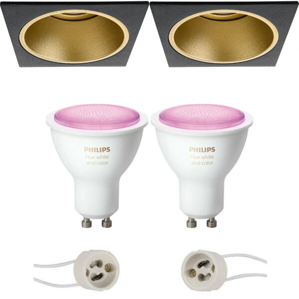 Pragmi Minko Pro – Inbouw Vierkant – Mat Zwart/Goud – Verdiept – 90mm – Philips Hue – LED Spot Set GU10 – White and Color Ambiance – Bluetooth Bestellen via ledinbouwverlichting