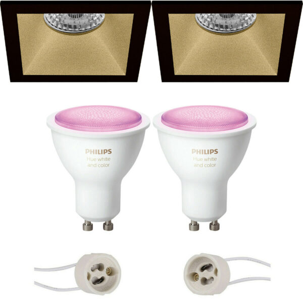 Pragmi Pollon Pro – Inbouw Vierkant – Mat Zwart/Goud – Verdiept – 82mm – Philips Hue – LED Spot Set GU10 – White and Color Ambiance – Bluetooth Bestellen via ledinbouwverlichting