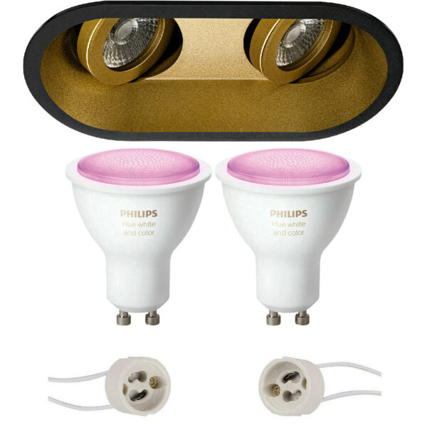 Pragmi Zano Pro – Inbouw Ovaal Dubbel – Mat Zwart/Goud – Kantelbaar – 185x93mm – Philips Hue – LED Spot Set GU10 – White and Color Ambiance – Bluetooth Bestellen via ledinbouwverlichting