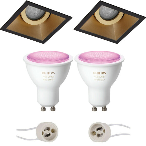 Pragmi Zano Pro – Inbouw Vierkant – Mat Zwart/Goud – Kantelbaar – 93mm – Philips Hue – LED Spot Set GU10 – White and Color Ambiance – Bluetooth Bestellen via ledinbouwverlichting
