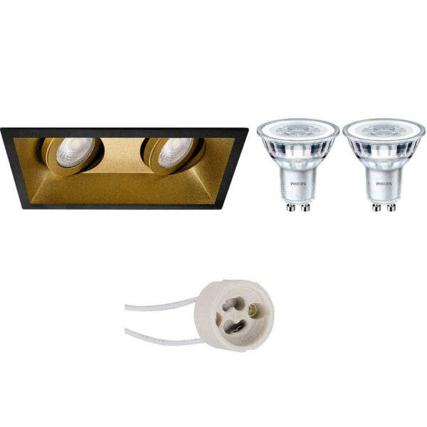 LED Spot Set – Pragmi Zano Pro – GU10 Fitting – Inbouw Rechthoek Dubbel – Mat Zwart/Goud – Kantelbaar – 185x93mm – Philips – CorePro 827 36D – 3.5W – Warm Wit 2700K Bestellen via ledinbouwverlichting