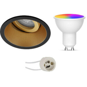 LED Spot Set GU10 – Facto – Smart LED – Wifi LED – Slimme LED – 5W – RGB+CCT – Aanpasbare Kleur – Dimbaar – Pragmi Zano Pro – Inbouw Rond – Mat Zwart/Goud – Kantelbaar – Ø93mm Bestellen via ledinbouwverlichting
