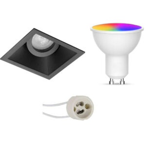 LED Spot Set GU10 – Facto – Smart LED – Wifi LED – Slimme LED – 5W – RGB+CCT – Aanpasbare Kleur – Dimbaar – Pragmi Zano Pro – Inbouw Vierkant – Mat Zwart – Kantelbaar – 93mm Bestellen via ledinbouwverlichting