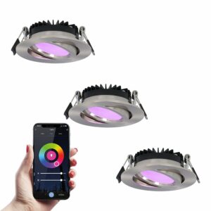 HOFTRONIC SMART Set van 3 smart LED inbouwspots Rome – RVS – 6 Watt – WiFi & Bluetooth – RGBWW – IP44 – Dimbaar via app – Kantelbaar Bestellen via ledinbouwverlichting