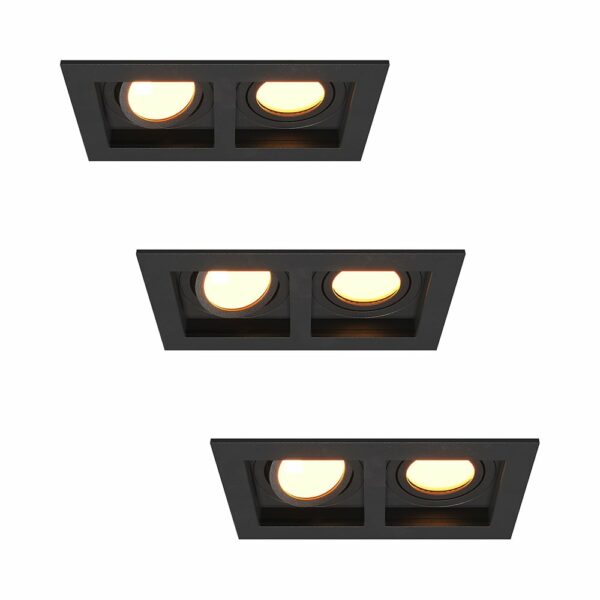 HOFTRONIC™ Set van 3 Fresno Dubbele Inbouwspots – Rechthoek – 2x GU10 – 2700K Warm wit – 10 Watt 800 lumen – Kantelbaar – IP20 stofdicht- Zwart – Met kabelconnectoren Bestellen via ledinbouwverlichting