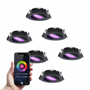 HOFTRONIC SMART Set van 6 smart LED inbouwspots Rome – Zwart – 6 Watt – WiFi & Bluetooth – RGBWW – IP44 – Dimbaar via app – Kantelbaar Bestellen via ledinbouwverlichting