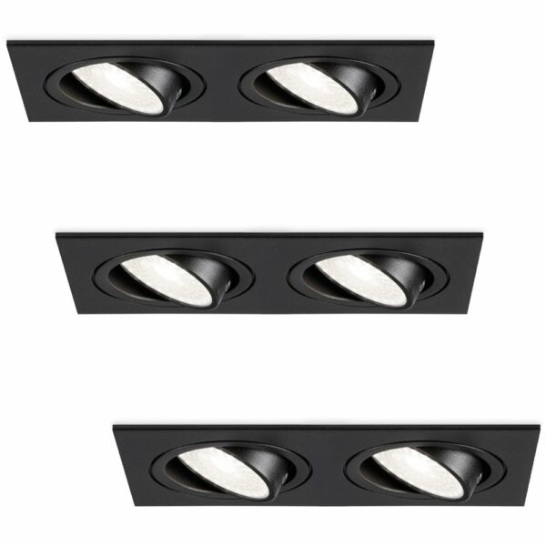 HOFTRONIC™ Set van 3 Mallorca dubbele LED inbouwspots vierkant – Kantelbaar – 6000K Daglicht wit – GU10 – 5 Watt – Rechthoekig – GU10 verwisselbare lichtbron – Plafondspot voor binnen – Zwart Bestellen via ledinbouwverlichting