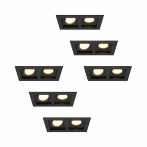 HOFTRONIC™ Set van 6 Fresno Dubbele Inbouwspots – Rechthoek – 2x GU10 – 2700K Warm wit – 10 Watt 800 lumen – Kantelbaar – IP20 stofdicht- Zwart – Met kabelconnectoren Bestellen via ledinbouwverlichting