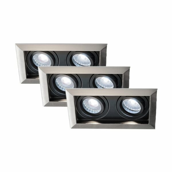 HOFTRONIC™ Set van 3 Durham Inbouwspots Dubbel RVS – GU10 5 Watt 400 lumen – 6000K Daglicht wit – Kantelbaar – IP20 – Rechthoek Bestellen via ledinbouwverlichting