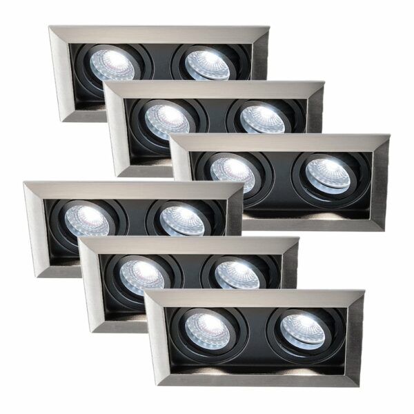 HOFTRONIC™ Set van 6 Durham Inbouwspots Dubbel RVS – GU10 5 Watt 400 lumen – 6000K Daglicht wit – Kantelbaar – IP20 – Rechthoek Bestellen via ledinbouwverlichting