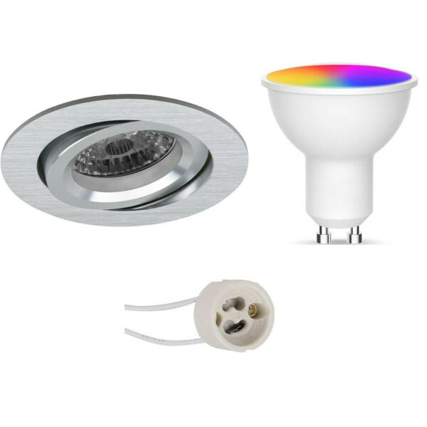 LED Spot Set GU10 – Facto – Smart LED – Wifi LED – Slimme LED – 5W – RGB+CCT – Aanpasbare Kleur – Dimbaar – Pragmi Aerony Pro – Inbouw Rond – Mat Zilver – Kantelbaar – Ø82mm Bestellen via ledinbouwverlichting