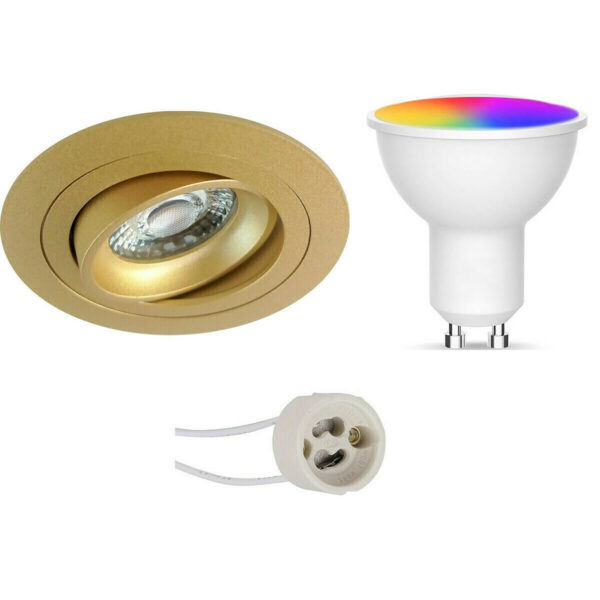 LED Spot Set GU10 – Facto – Smart LED – Wifi LED – Slimme LED – 5W – RGB+CCT – Aanpasbare Kleur – Dimbaar – Pragmi Alpin Pro – Inbouw Rond – Mat Goud – Kantelbaar – Ø92mm Bestellen via ledinbouwverlichting