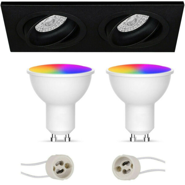 LED Spot Set GU10 – Facto – Smart LED – Wifi LED – Slimme LED – 5W – RGB+CCT – Aanpasbare Kleur – Dimbaar – Pragmi Borny Pro – Inbouw Rechthoek Dubbel – Mat Zwart – Kantelbaar – 175x92mm Bestellen via ledinbouwverlichting