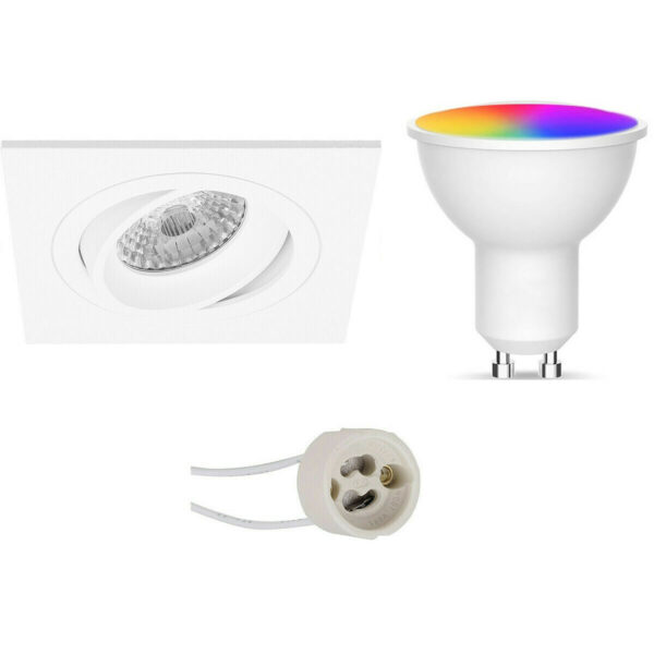 LED Spot Set GU10 – Facto – Smart LED – Wifi LED – Slimme LED – 5W – RGB+CCT – Aanpasbare Kleur – Dimbaar – Pragmi Borny Pro – Inbouw Vierkant – Mat Wit – Kantelbaar – 92mm Bestellen via ledinbouwverlichting