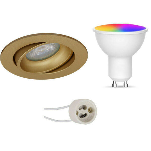 LED Spot Set GU10 – Facto – Smart LED – Wifi LED – Slimme LED – 5W – RGB+CCT – Aanpasbare Kleur – Dimbaar – Pragmi Delton Pro – Inbouw Rond – Mat Goud – Kantelbaar – Ø82mm Bestellen via ledinbouwverlichting