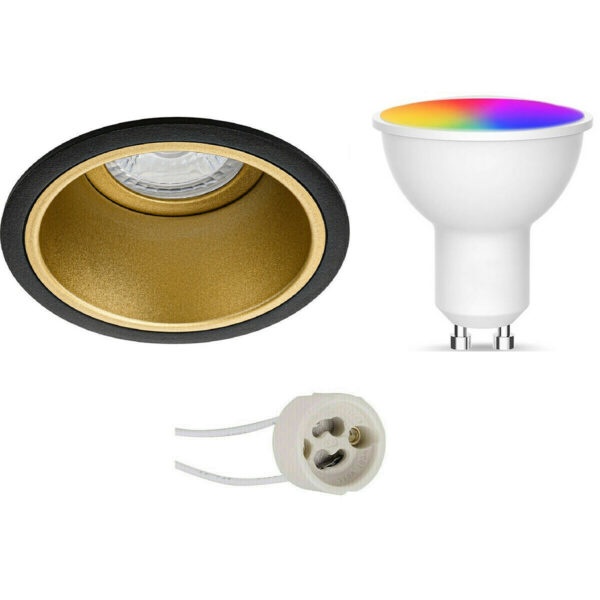 LED Spot Set GU10 – Facto – Smart LED – Wifi LED – Slimme LED – 5W – RGB+CCT – Aanpasbare Kleur – Dimbaar – Pragmi Minko Pro – Inbouw Rond – Mat Zwart/Goud – Verdiept – Ø90mm Bestellen via ledinbouwverlichting