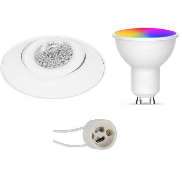 LED Spot Set GU10 – Facto – Smart LED – Wifi LED – Slimme LED – 5W – RGB+CCT – Aanpasbare Kleur – Dimbaar – Pragmi Nivas Pro – Inbouw Rond – Mat Wit – Trimless – Kantelbaar – Ø150mm Bestellen via ledinbouwverlichting