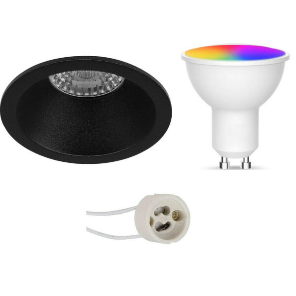 LED Spot Set GU10 – Facto – Smart LED – Wifi LED – Slimme LED – 5W – RGB+CCT – Aanpasbare Kleur – Dimbaar – Pragmi Pollon Pro – Inbouw Rond – Mat Zwart – Verdiept – Ø82mm Bestellen via ledinbouwverlichting