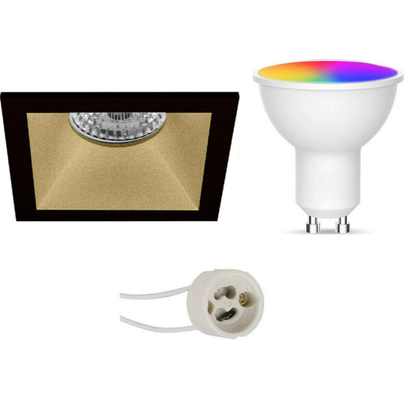 LED Spot Set GU10 – Facto – Smart LED – Wifi LED – Slimme LED – 5W – RGB+CCT – Aanpasbare Kleur – Dimbaar – Pragmi Pollon Pro – Inbouw Vierkant – Mat Zwart/Goud – Verdiept – 82mm Bestellen via ledinbouwverlichting