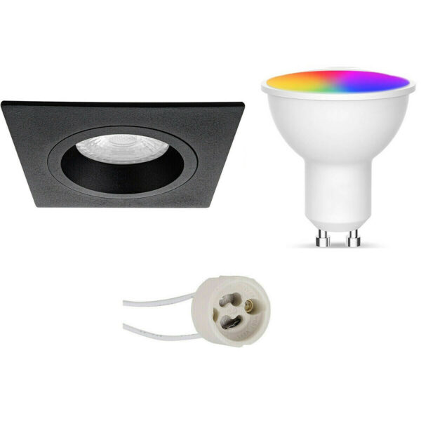 LED Spot Set GU10 – Facto – Smart LED – Wifi LED – Slimme LED – 5W – RGB+CCT – Aanpasbare Kleur – Dimbaar – Pragmi Rodos Pro – Inbouw Vierkant – Mat Zwart – 93mm Bestellen via ledinbouwverlichting