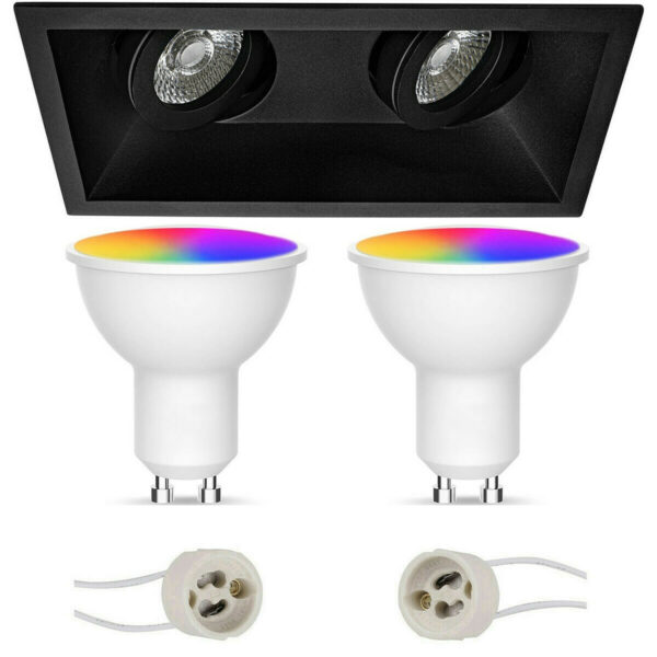 LED Spot Set GU10 – Facto – Smart LED – Wifi LED – Slimme LED – 5W – RGB+CCT – Aanpasbare Kleur – Dimbaar – Pragmi Zano Pro – Inbouw Rechthoek Dubbel – Mat Zwart – Kantelbaar – 185x93mm Bestellen via ledinbouwverlichting