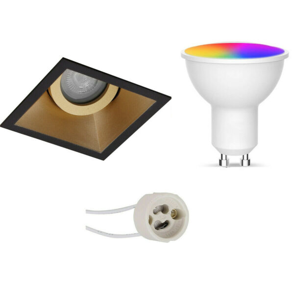 LED Spot Set GU10 – Facto – Smart LED – Wifi LED – Slimme LED – 5W – RGB+CCT – Aanpasbare Kleur – Dimbaar – Pragmi Zano Pro – Inbouw Vierkant – Mat Zwart/Goud – Kantelbaar – 93mm Bestellen via ledinbouwverlichting