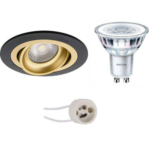 LED Spot Set – Pragmi Alpin Pro – GU10 Fitting – Inbouw Rond – Mat Zwart/Goud – Kantelbaar Ø92mm – Philips – CorePro 840 36D – 3.5W – Natuurlijk Wit 4000K Bestellen via ledinbouwverlichting