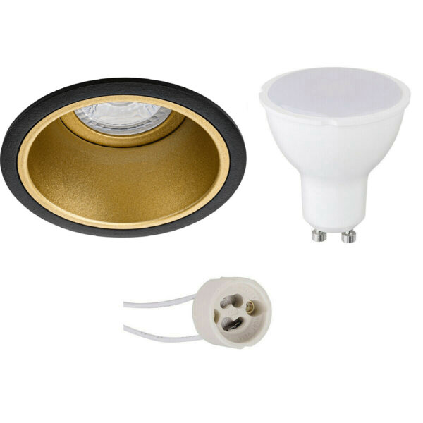 LED Spot Set – Pragmi Minko Pro – GU10 Fitting – Inbouw Rond – Mat Zwart/Goud – 4W – Warm Wit 3000K – Verdiept – Ø90mm Bestellen via ledinbouwverlichting