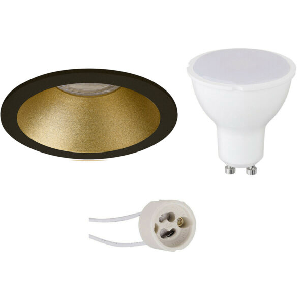 LED Spot Set – Pragmi Pollon Pro – GU10 Fitting – Inbouw Rond – Mat Zwart/Goud – 6W – Natuurlijk Wit 4200K – Verdiept – Ø82mm Bestellen via ledinbouwverlichting