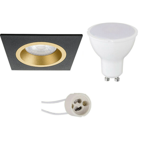 LED Spot Set – Pragmi Rodos Pro – GU10 Fitting – Inbouw Vierkant – Mat Zwart/Goud – 4W – Warm Wit 3000K – 93mm Bestellen via ledinbouwverlichting