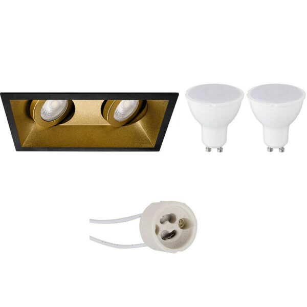 LED Spot Set – Pragmi Zano Pro – GU10 Fitting – Inbouw Rechthoek Dubbel – Mat Zwart/Goud – 4W – Warm Wit 3000K – Kantelbaar – 185x93mm Bestellen via ledinbouwverlichting