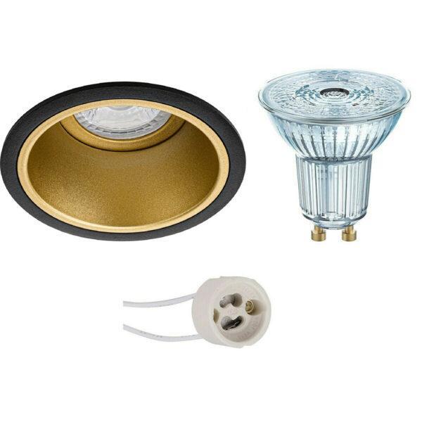 LED Spot Set – LEDVANCE Parathom PAR16 927 36D – Pragmi Minko Pro – GU10 Fitting – Dimbaar – Inbouw Rond – Mat Zwart/Goud – 3.7W – Warm Wit 2700K – Verdiept – Ø90mm Bestellen via ledinbouwverlichting