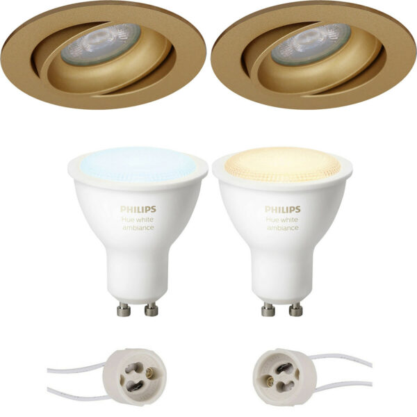 Pragmi Delton Pro – Inbouw Rond – Mat Goud – Kantelbaar – Ø82mm – Philips Hue – LED Spot Set GU10 – White Ambiance – Bluetooth Bestellen via ledinbouwverlichting