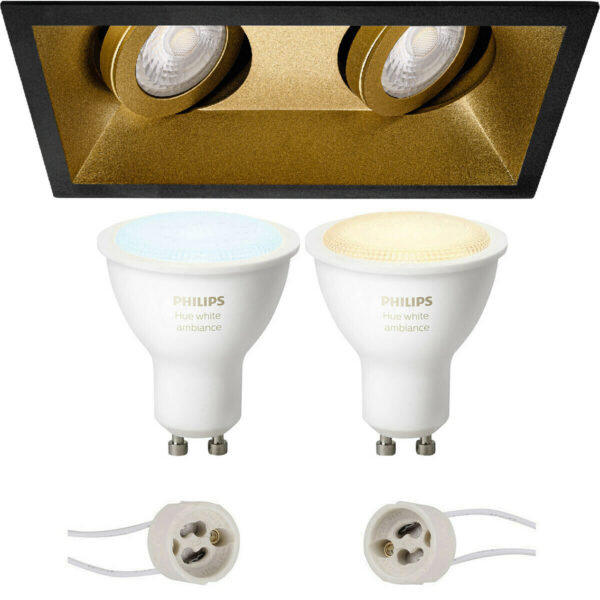 Pragmi Zano Pro – Inbouw Rechthoek Dubbel – Mat Zwart/Goud – Kantelbaar – 185x93mm – Philips Hue – LED Spot Set GU10 – White Ambiance – Bluetooth Bestellen via ledinbouwverlichting