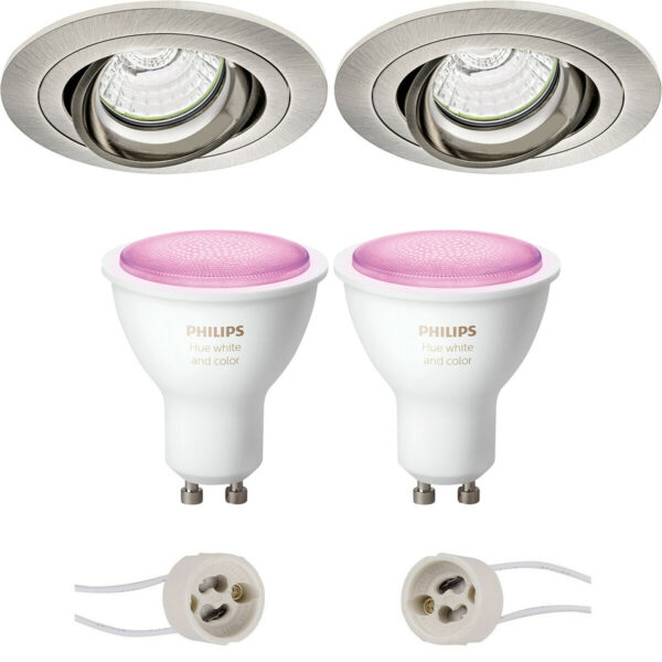 Pragmi Alpin Pro – Inbouw Rond – Mat Nikkel – Kantelbaar – Ø92mm – Philips Hue – LED Spot Set GU10 – White and Color Ambiance – Bluetooth Bestellen via ledinbouwverlichting