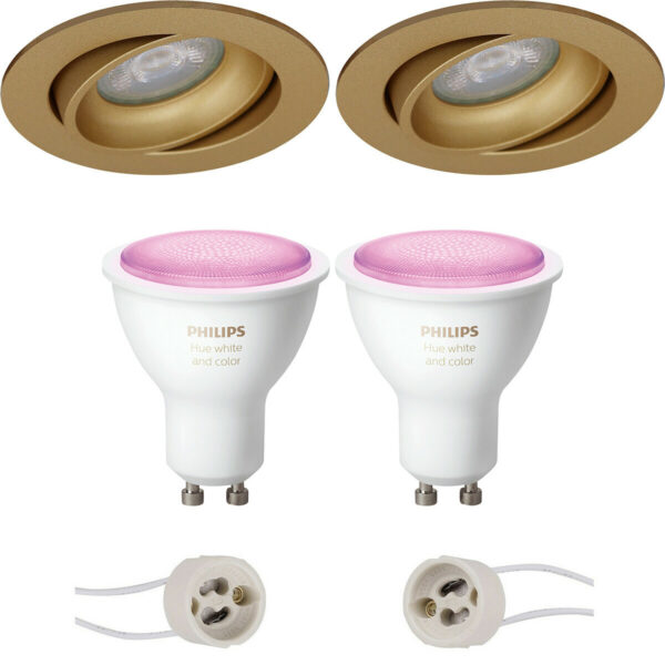 Pragmi Delton Pro – Inbouw Rond – Mat Goud – Kantelbaar – Ø82mm – Philips Hue – LED Spot Set GU10 – White and Color Ambiance – Bluetooth Bestellen via ledinbouwverlichting