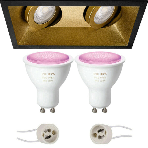 Pragmi Zano Pro – Inbouw Rechthoek Dubbel – Mat Zwart/Goud – Kantelbaar – 185x93mm – Philips Hue – LED Spot Set GU10 – White and Color Ambiance – Bluetooth Bestellen via ledinbouwverlichting