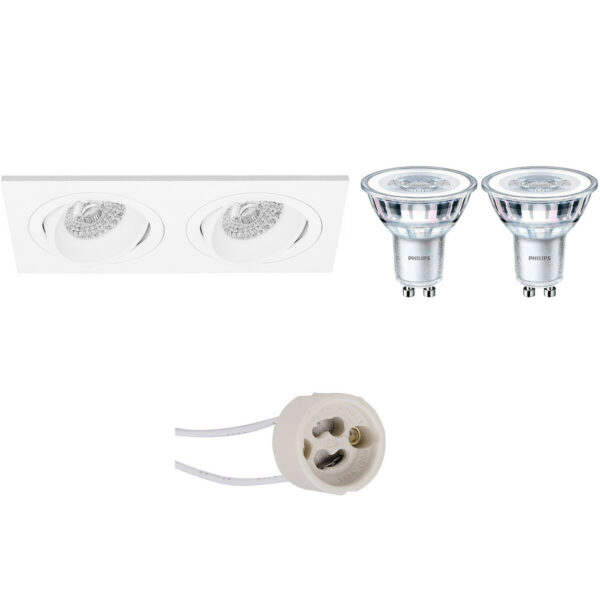 LED Spot Set – Pragmi Borny Pro – GU10 Fitting – Inbouw Rechthoek Dubbel – Mat Wit – Kantelbaar – 175x92mm – Philips – CorePro 827 36D – 3.5W – Warm Wit 2700K Bestellen via ledinbouwverlichting