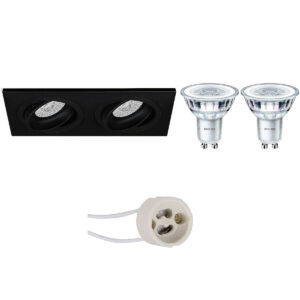 LED Spot Set – Pragmi Borny Pro – GU10 Fitting – Inbouw Rechthoek Dubbel – Mat Zwart – Kantelbaar – 175x92mm – Philips – CorePro 827 36D – 3.5W – Warm Wit 2700K Bestellen via ledinbouwverlichting