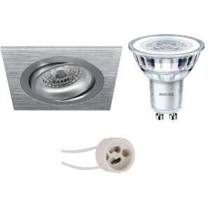 LED Spot Set – Pragmi Borny Pro – GU10 Fitting – Inbouw Vierkant – Mat Zilver – Kantelbaar – 92mm – Philips – CorePro 827 36D – 3.5W – Warm Wit 2700K Bestellen via ledinbouwverlichting